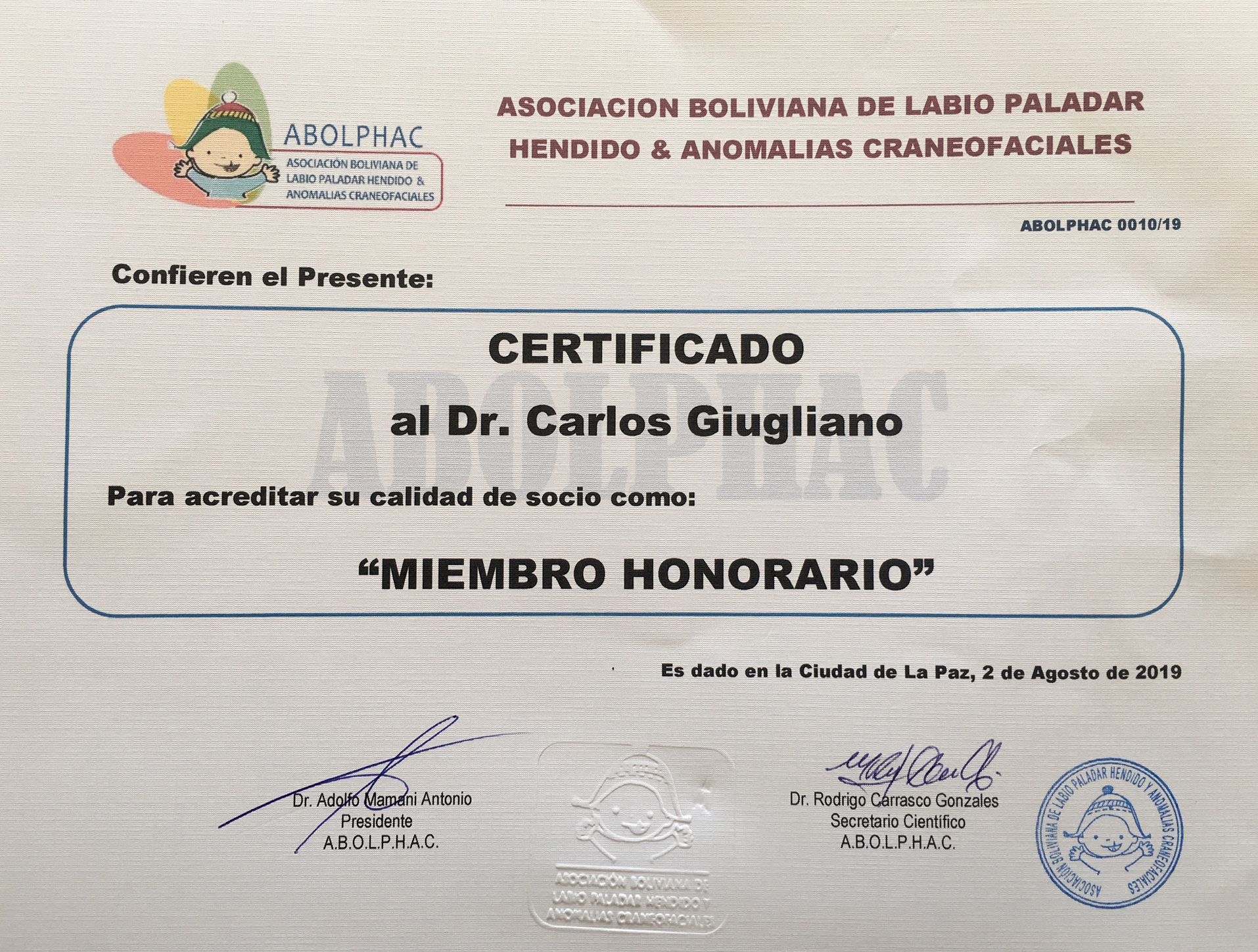 Destacada participación de Dr. Carlos Giugliano en el I Congreso Internacional de la Fisura Labio Palatina "Dr. Alberto Bardales Lasteros"